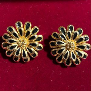 Vintage St. John Enamel Gold Flower Clip On Earrings
